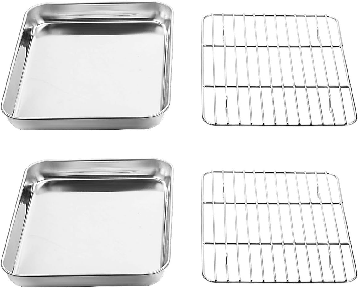 image:imageWildone Baking Sheet with Rack Set 2 Sheets 2 Racks Stainless Steel Cookie Pan baking Tray with Cooling Rack Size 10 x 8 x 1 Inch Non Toxic amp Heavy Duty amp Easy Clean9 x 7 x 1 inch