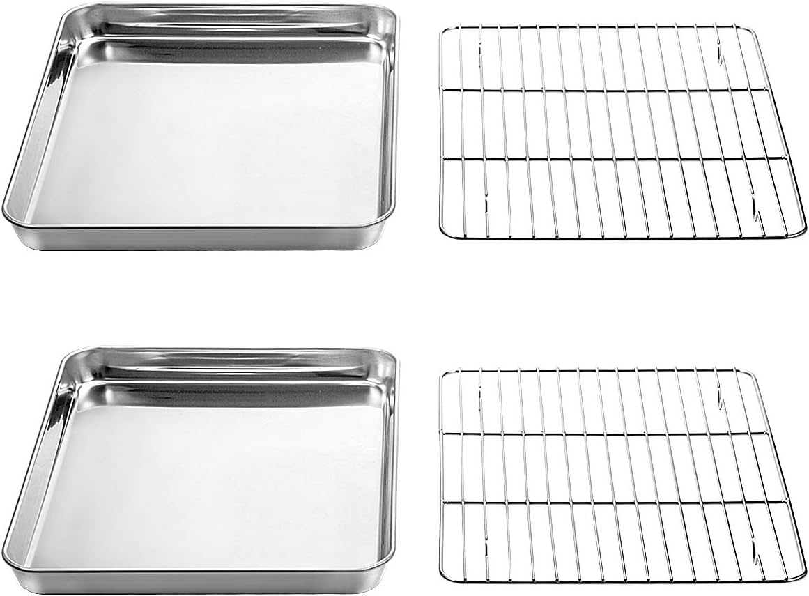 image:imageWildone Baking Sheet with Rack Set 2 Sheets 2 Racks Stainless Steel Cookie Pan baking Tray with Cooling Rack Size 10 x 8 x 1 Inch Non Toxic amp Heavy Duty amp Easy Clean12 x 10 x 1 inch
