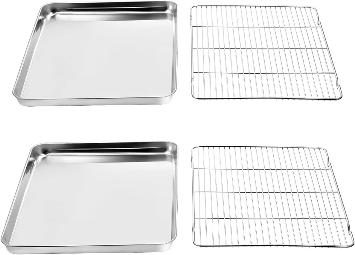 image:imageWildone Baking Sheet with Rack Set 2 Sheets 2 Racks Stainless Steel Cookie Pan baking Tray with Cooling Rack Size 10 x 8 x 1 Inch Non Toxic amp Heavy Duty amp Easy Clean16 x 12 x 1 inch