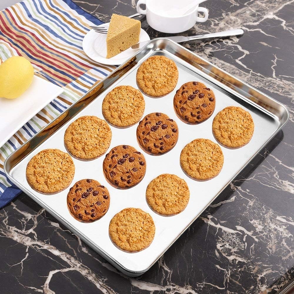 image:imageWildone Baking Sheet with Rack Set 2 Sheets 2 Racks Stainless Steel Cookie Pan baking Tray with Cooling Rack Size 10 x 8 x 1 Inch Non Toxic amp Heavy Duty amp Easy Clean16 x 12 x 1 inch