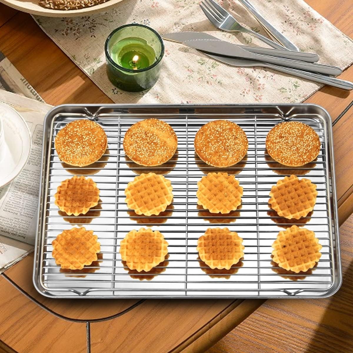 image:imageWildone Baking Sheet with Rack Set 2 Sheets 2 Racks Stainless Steel Cookie Pan baking Tray with Cooling Rack Size 10 x 8 x 1 Inch Non Toxic amp Heavy Duty amp Easy Clean16 x 12 x 1 inch