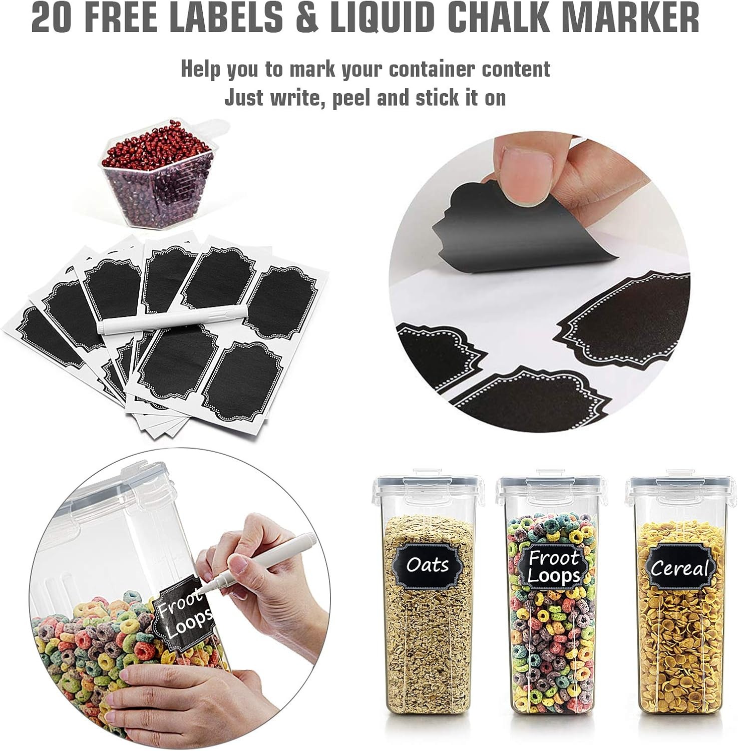 image:imageWildone Cereal Storage Containers Set Large BPA Free Plastic Airtight Food Storage Containers 4L for Flour Sugar 6 Piece Set Cereal Dispensers with 20 Labels amp Marker BlackGrey