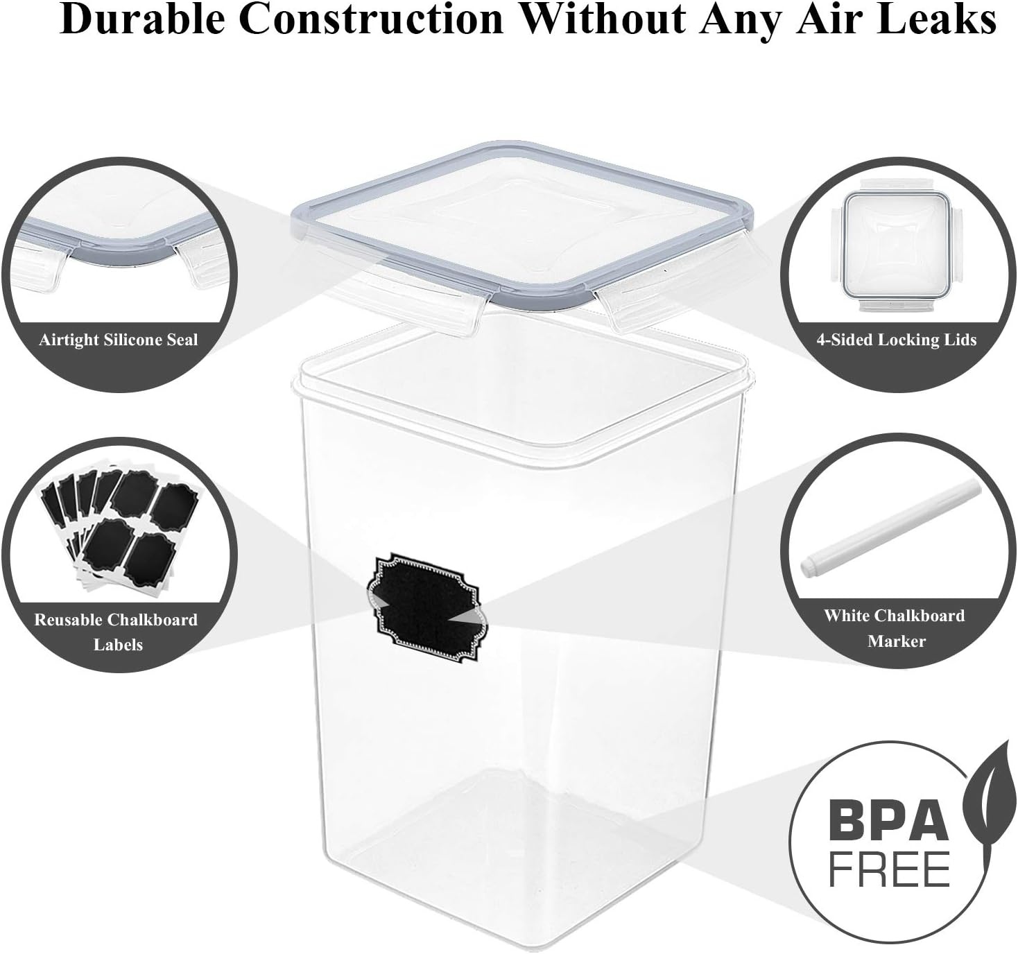 image:imageWildone Large Food Storage Containers 52L 175oz 4 Piece BPA Free Plastic Airtight Food Storage Containers for Flour Sugar Baking Supplies Kitchen amp Pantry Containers with 20 LabelsGray
