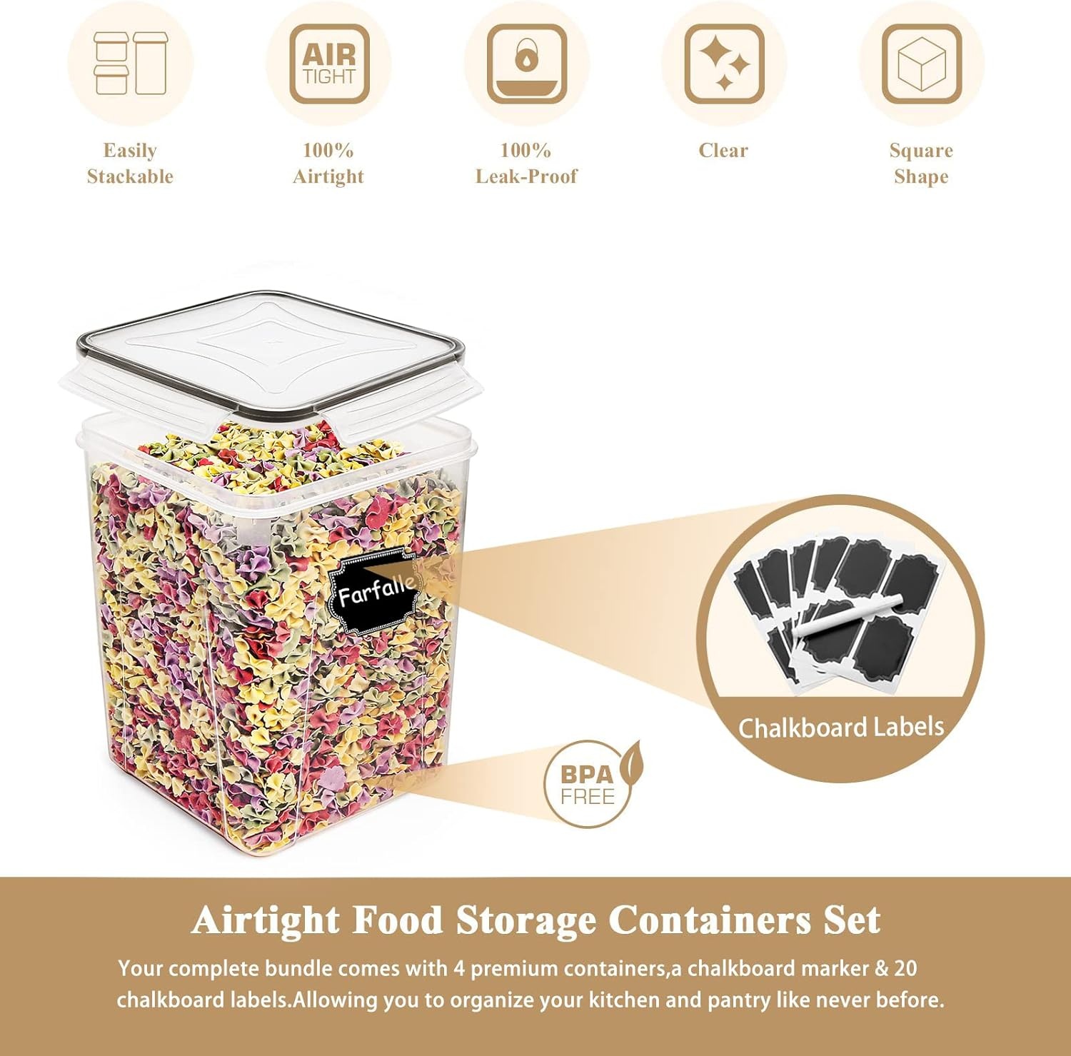 image:imageWildone Large Food Storage Containers 52L 175oz 4 Piece BPA Free Plastic Airtight Food Storage Containers for Flour Sugar Baking Supplies Kitchen amp Pantry Containers with 20 LabelsBlack