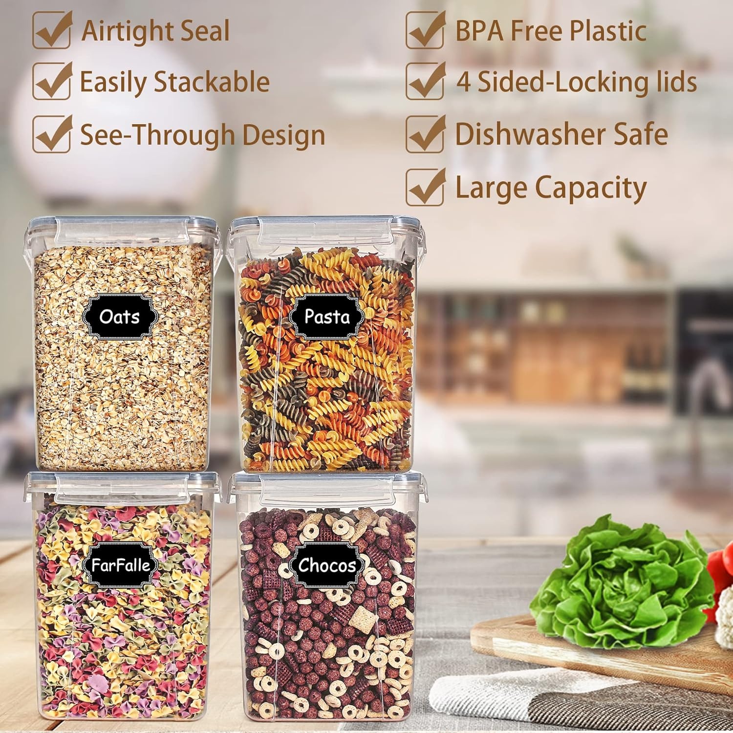 image:imageWildone Large Food Storage Containers 52L 175oz 4 Piece BPA Free Plastic Airtight Food Storage Containers for Flour Sugar Baking Supplies Kitchen amp Pantry Containers with 20 LabelsGray