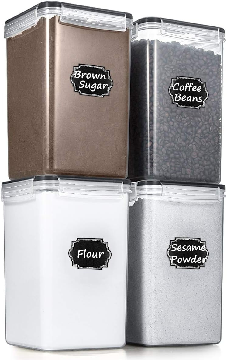 image:imageWildone Large Food Storage Containers 52L 175oz 4 Piece BPA Free Plastic Airtight Food Storage Containers for Flour Sugar Baking Supplies Kitchen amp Pantry Containers with 20 LabelsBlack