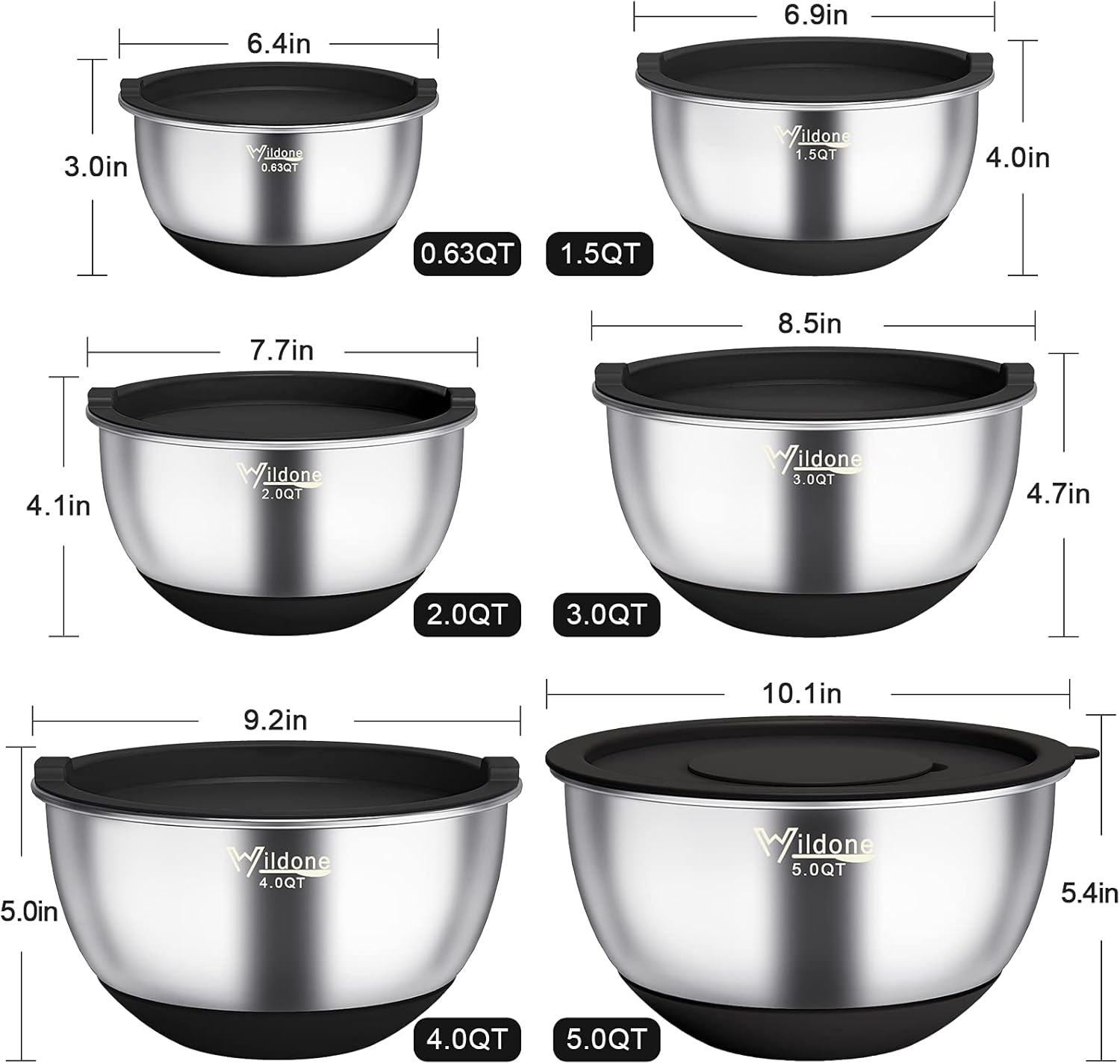 image:imageWildone Mixing Bowls with Airtight Lids 22 PCS Stainless Steel Nesting Bowls with 3 Grater Attachments Scale Marks amp NonSlip Bottom Size 5 4 3 215 063QT Ideal for Mixing amp PreppingBlack