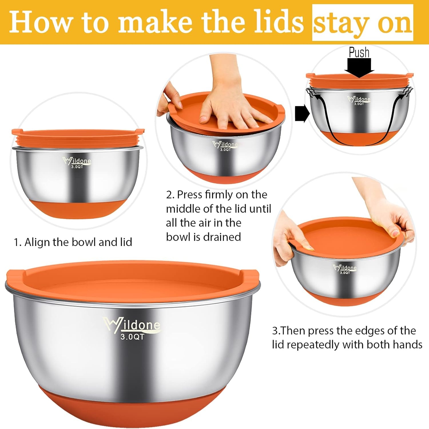 image:imageWildone Mixing Bowls with Airtight Lids 22 PCS Stainless Steel Nesting Bowls with 3 Grater Attachments Scale Marks amp NonSlip Bottom Size 5 4 3 215 063QT Ideal for Mixing amp PreppingMulticolor