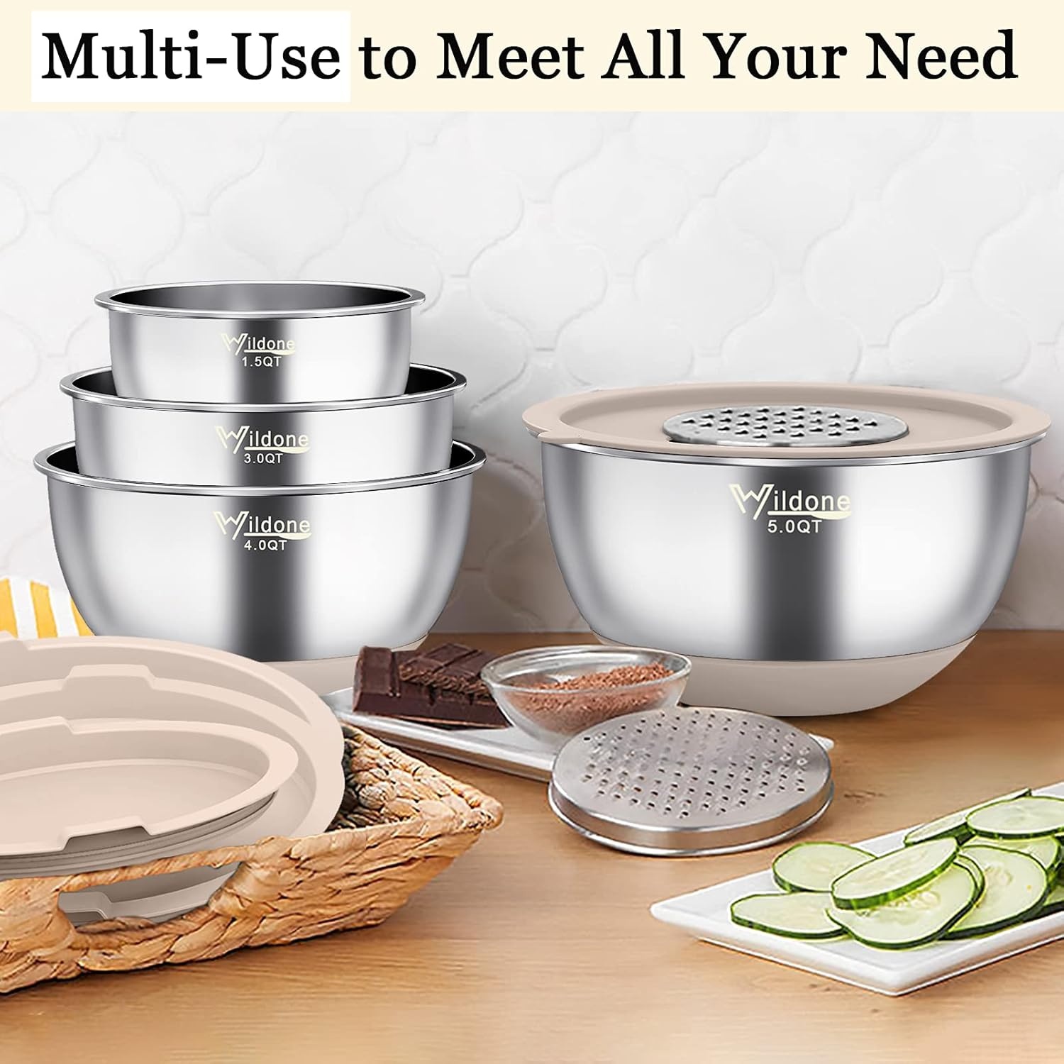 image:imageWildone Mixing Bowls with Airtight Lids 22 PCS Stainless Steel Nesting Bowls with 3 Grater Attachments Scale Marks amp NonSlip Bottom Size 5 4 3 215 063QT Ideal for Mixing amp PreppingKhaki