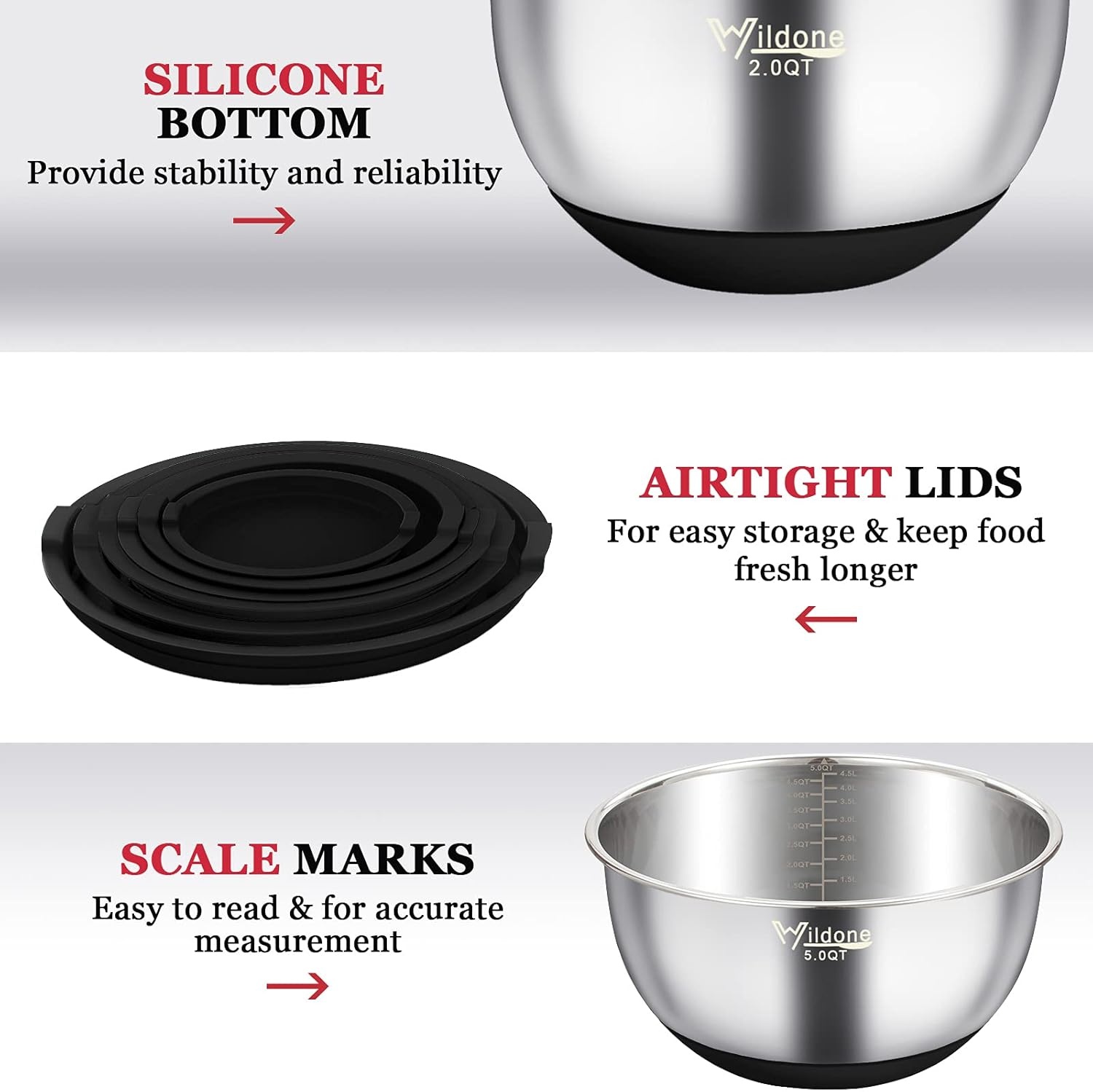 image:imageWildone Mixing Bowls with Airtight Lids 22 PCS Stainless Steel Nesting Bowls with 3 Grater Attachments Scale Marks amp NonSlip Bottom Size 5 4 3 215 063QT Ideal for Mixing amp PreppingBlack