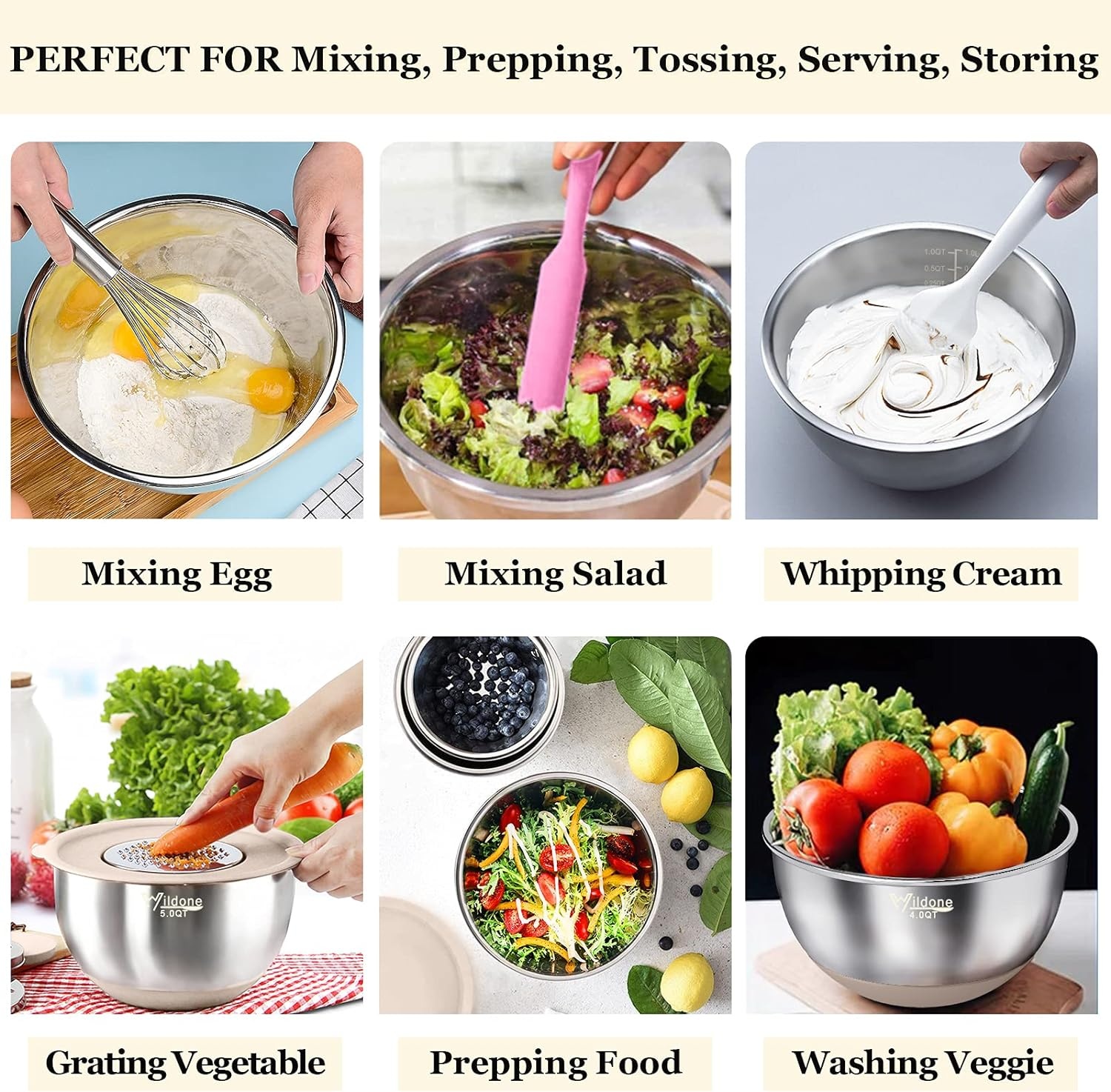 image:imageWildone Mixing Bowls with Airtight Lids 22 PCS Stainless Steel Nesting Bowls with 3 Grater Attachments Scale Marks amp NonSlip Bottom Size 5 4 3 215 063QT Ideal for Mixing amp PreppingKhaki
