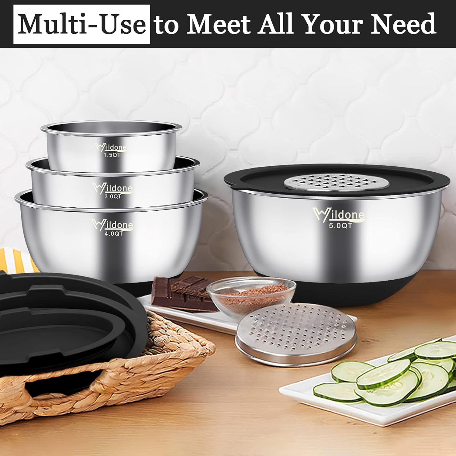 image:imageWildone Mixing Bowls with Airtight Lids 22 PCS Stainless Steel Nesting Bowls with 3 Grater Attachments Scale Marks amp NonSlip Bottom Size 5 4 3 215 063QT Ideal for Mixing amp PreppingBlack