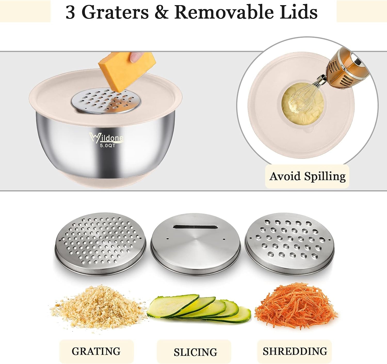 image:imageWildone Mixing Bowls with Airtight Lids 22 PCS Stainless Steel Nesting Bowls with 3 Grater Attachments Scale Marks amp NonSlip Bottom Size 5 4 3 215 063QT Ideal for Mixing amp PreppingKhaki
