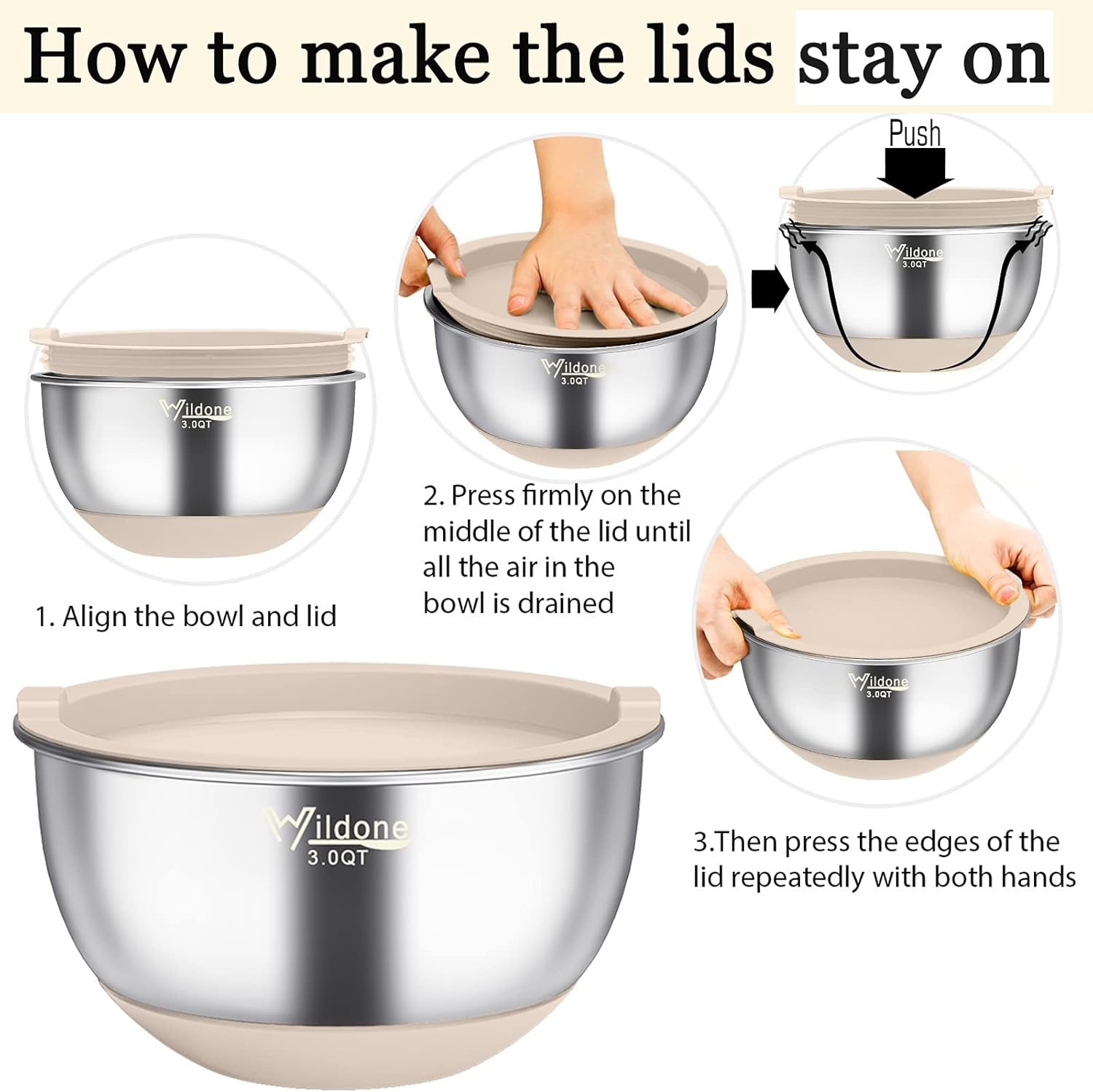image:imageWildone Mixing Bowls with Airtight Lids 22 PCS Stainless Steel Nesting Bowls with 3 Grater Attachments Scale Marks amp NonSlip Bottom Size 5 4 3 215 063QT Ideal for Mixing amp PreppingKhaki