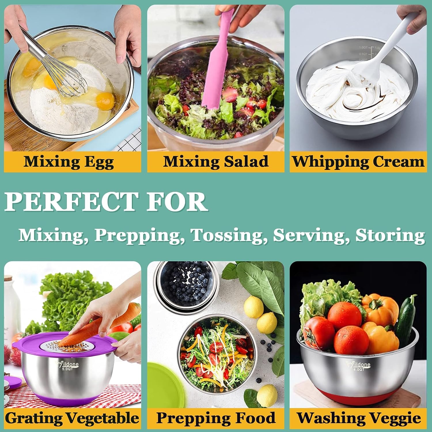 image:imageWildone Mixing Bowls with Airtight Lids 22 PCS Stainless Steel Nesting Bowls with 3 Grater Attachments Scale Marks amp NonSlip Bottom Size 5 4 3 215 063QT Ideal for Mixing amp PreppingMulticolor
