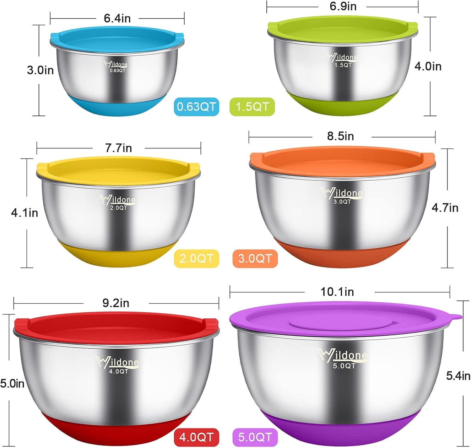 image:imageWildone Mixing Bowls with Airtight Lids 22 PCS Stainless Steel Nesting Bowls with 3 Grater Attachments Scale Marks amp NonSlip Bottom Size 5 4 3 215 063QT Ideal for Mixing amp PreppingMulticolor