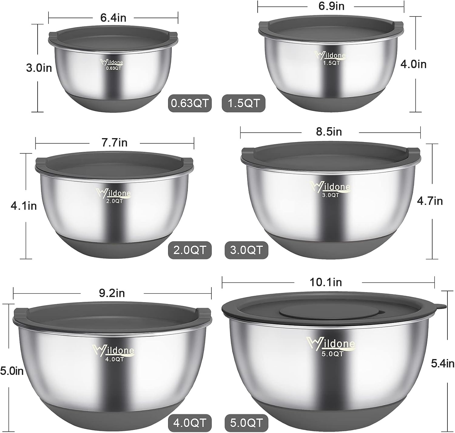 image:imageWildone Mixing Bowls with Airtight Lids 22 PCS Stainless Steel Nesting Bowls with 3 Grater Attachments Scale Marks amp NonSlip Bottom Size 5 4 3 215 063QT Ideal for Mixing amp PreppingGray