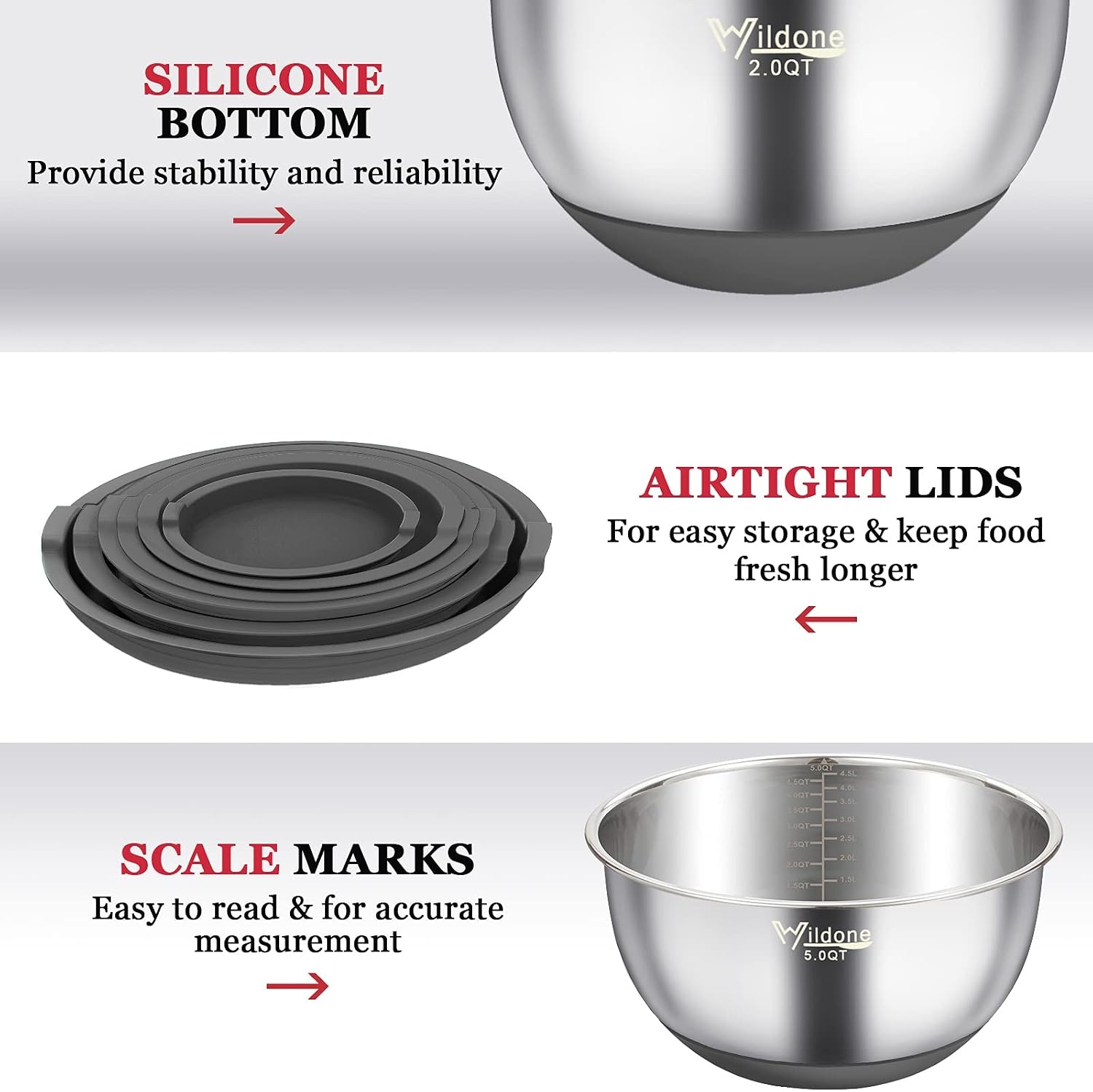 image:imageWildone Mixing Bowls with Airtight Lids 22 PCS Stainless Steel Nesting Bowls with 3 Grater Attachments Scale Marks amp NonSlip Bottom Size 5 4 3 215 063QT Ideal for Mixing amp PreppingGray