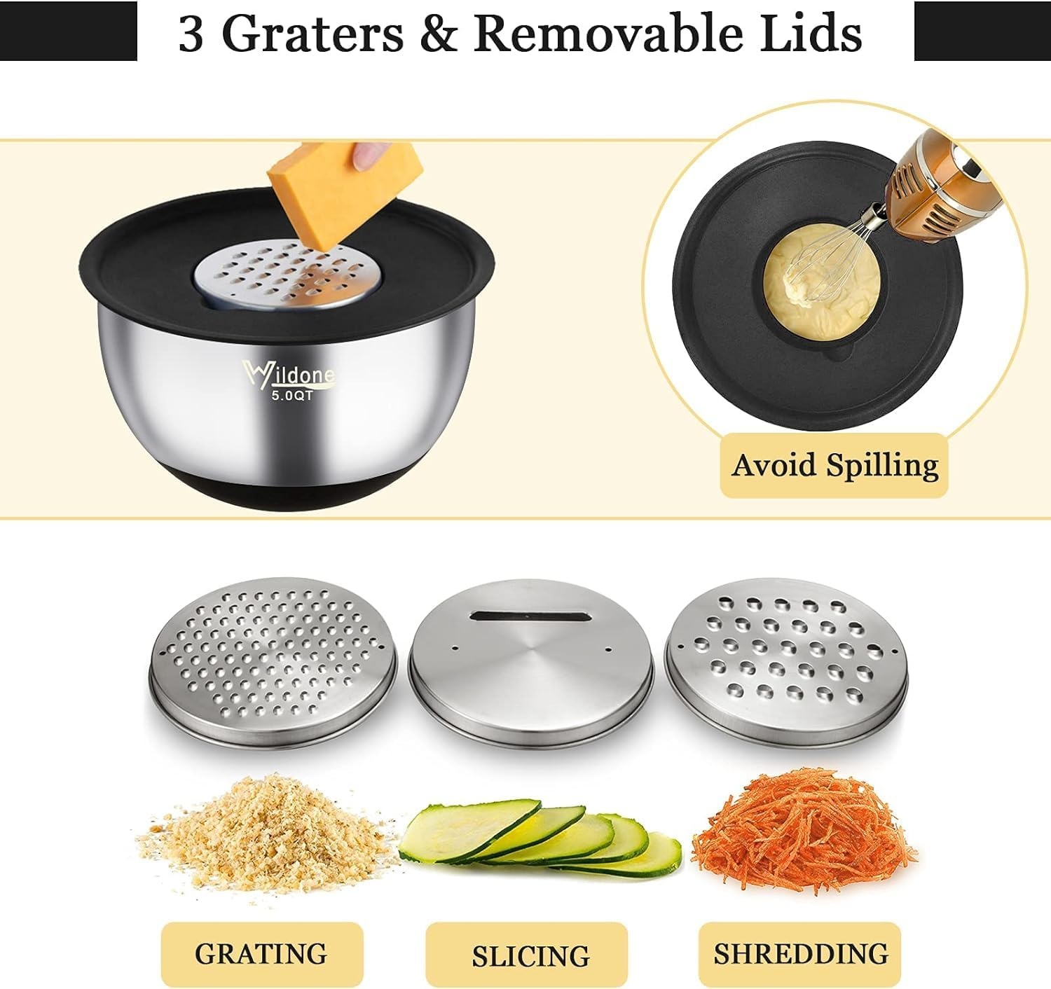 image:imageWildone Mixing Bowls with Airtight Lids 22 PCS Stainless Steel Nesting Bowls with 3 Grater Attachments Scale Marks amp NonSlip Bottom Size 5 4 3 215 063QT Ideal for Mixing amp PreppingBlack