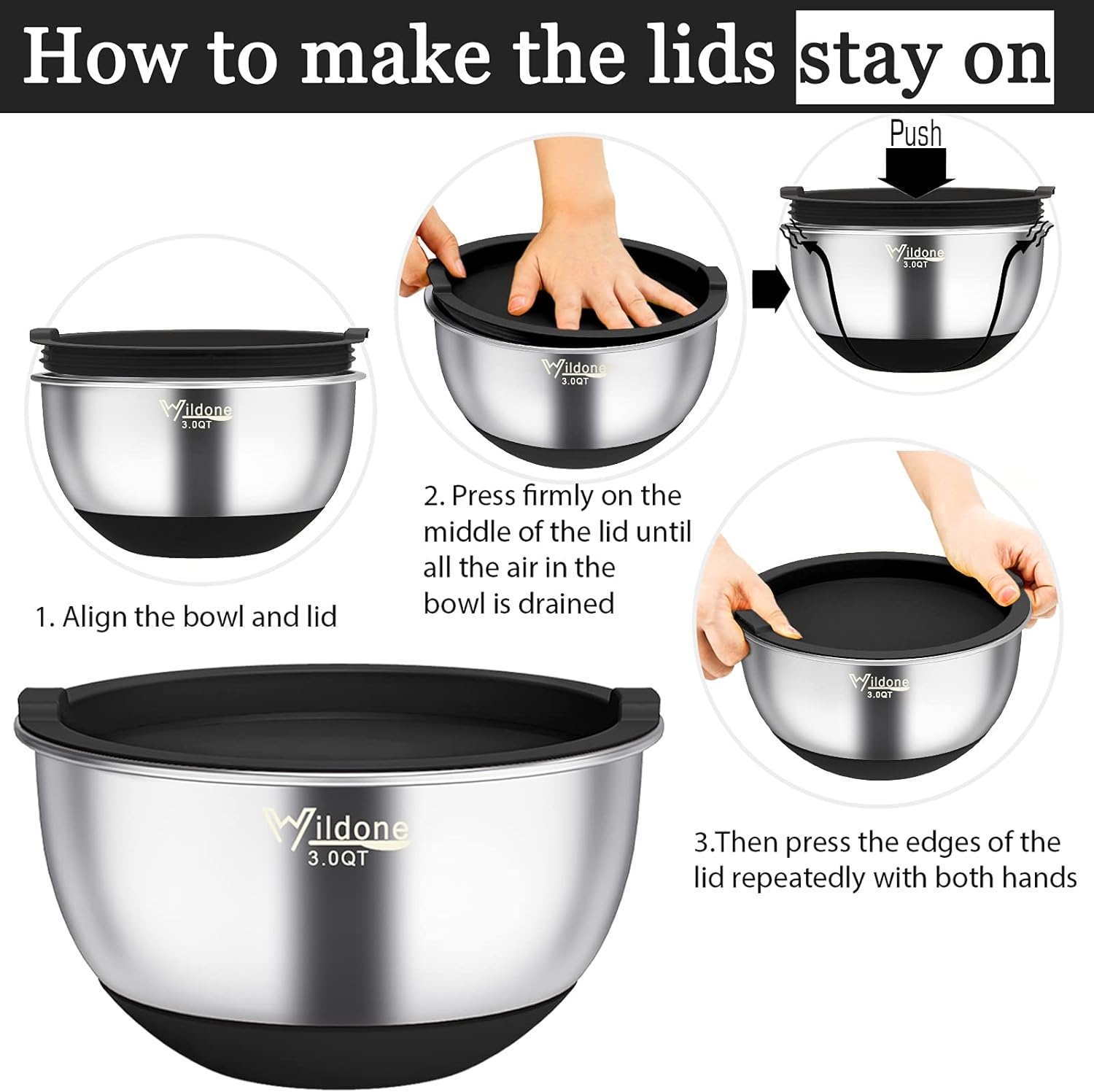 image:imageWildone Mixing Bowls with Airtight Lids 22 PCS Stainless Steel Nesting Bowls with 3 Grater Attachments Scale Marks amp NonSlip Bottom Size 5 4 3 215 063QT Ideal for Mixing amp PreppingBlack