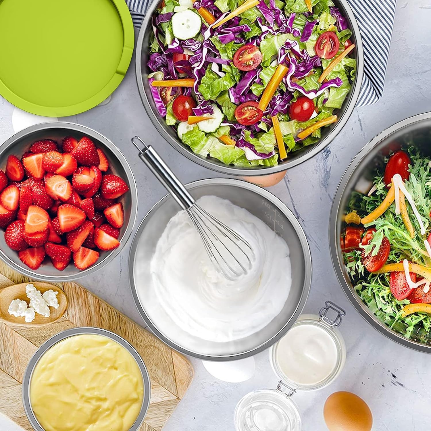 image:imageWildone Mixing Bowls with Airtight Lids 22 PCS Stainless Steel Nesting Bowls with 3 Grater Attachments Scale Marks amp NonSlip Bottom Size 5 4 3 215 063QT Ideal for Mixing amp PreppingMulticolor