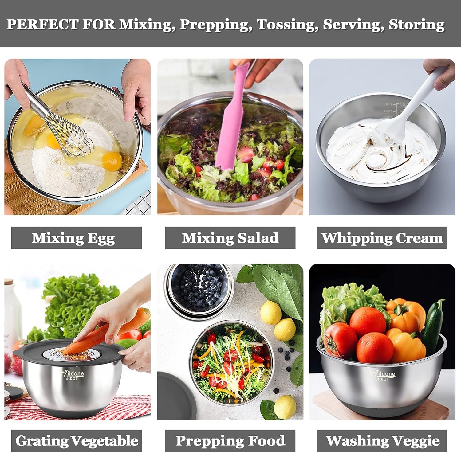 image:imageWildone Mixing Bowls with Airtight Lids 22 PCS Stainless Steel Nesting Bowls with 3 Grater Attachments Scale Marks amp NonSlip Bottom Size 5 4 3 215 063QT Ideal for Mixing amp PreppingGray