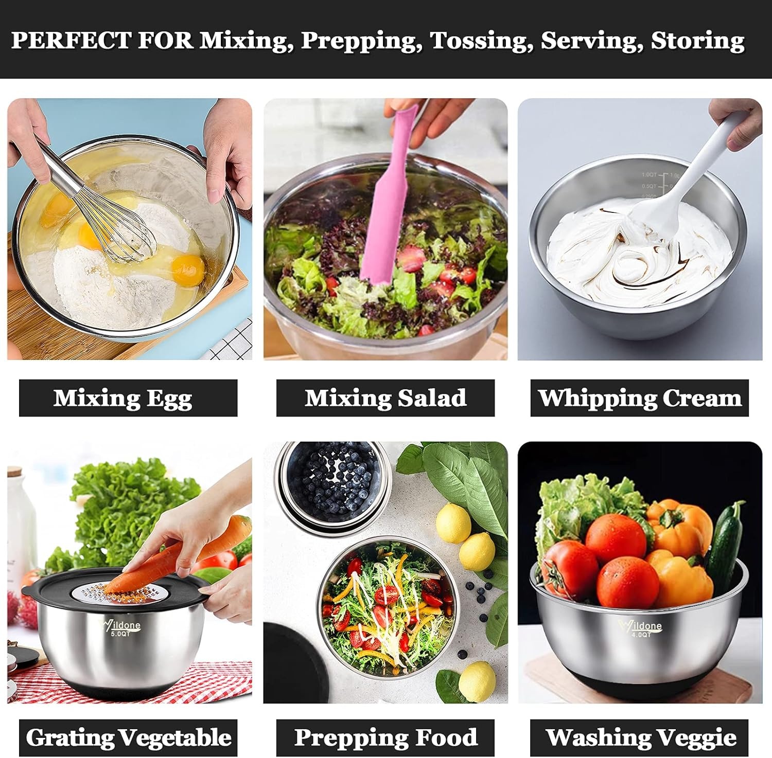 image:imageWildone Mixing Bowls with Airtight Lids 22 PCS Stainless Steel Nesting Bowls with 3 Grater Attachments Scale Marks amp NonSlip Bottom Size 5 4 3 215 063QT Ideal for Mixing amp PreppingBlack