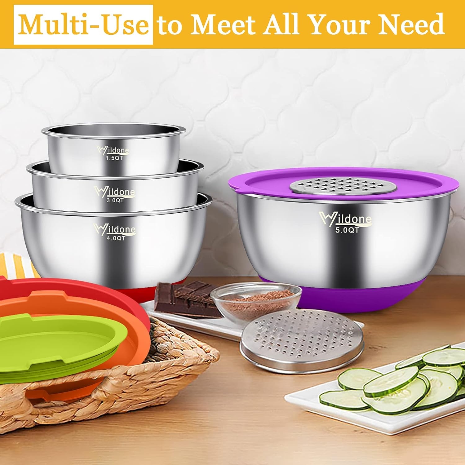 image:imageWildone Mixing Bowls with Airtight Lids 22 PCS Stainless Steel Nesting Bowls with 3 Grater Attachments Scale Marks amp NonSlip Bottom Size 5 4 3 215 063QT Ideal for Mixing amp PreppingMulticolor