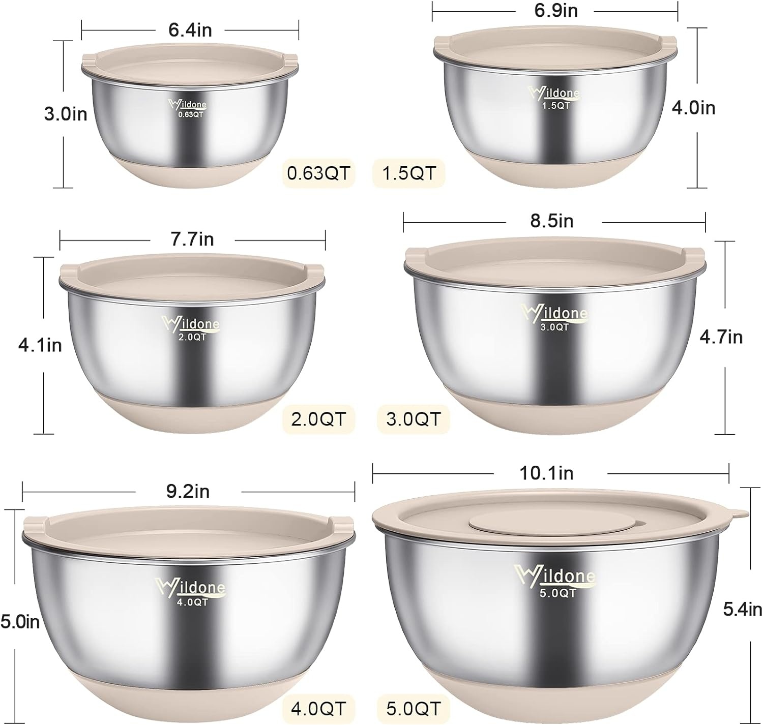 image:imageWildone Mixing Bowls with Airtight Lids 22 PCS Stainless Steel Nesting Bowls with 3 Grater Attachments Scale Marks amp NonSlip Bottom Size 5 4 3 215 063QT Ideal for Mixing amp PreppingKhaki