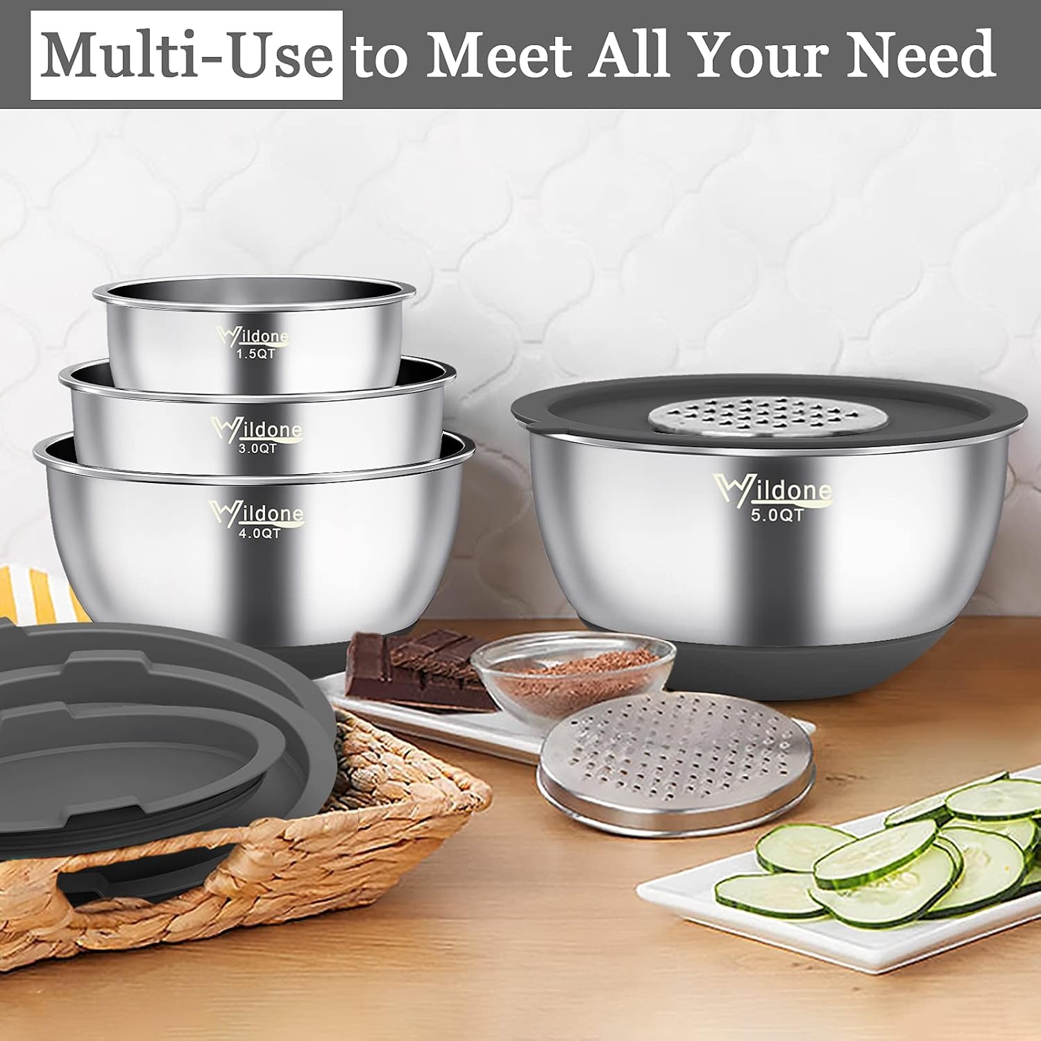image:imageWildone Mixing Bowls with Airtight Lids 22 PCS Stainless Steel Nesting Bowls with 3 Grater Attachments Scale Marks amp NonSlip Bottom Size 5 4 3 215 063QT Ideal for Mixing amp PreppingGray