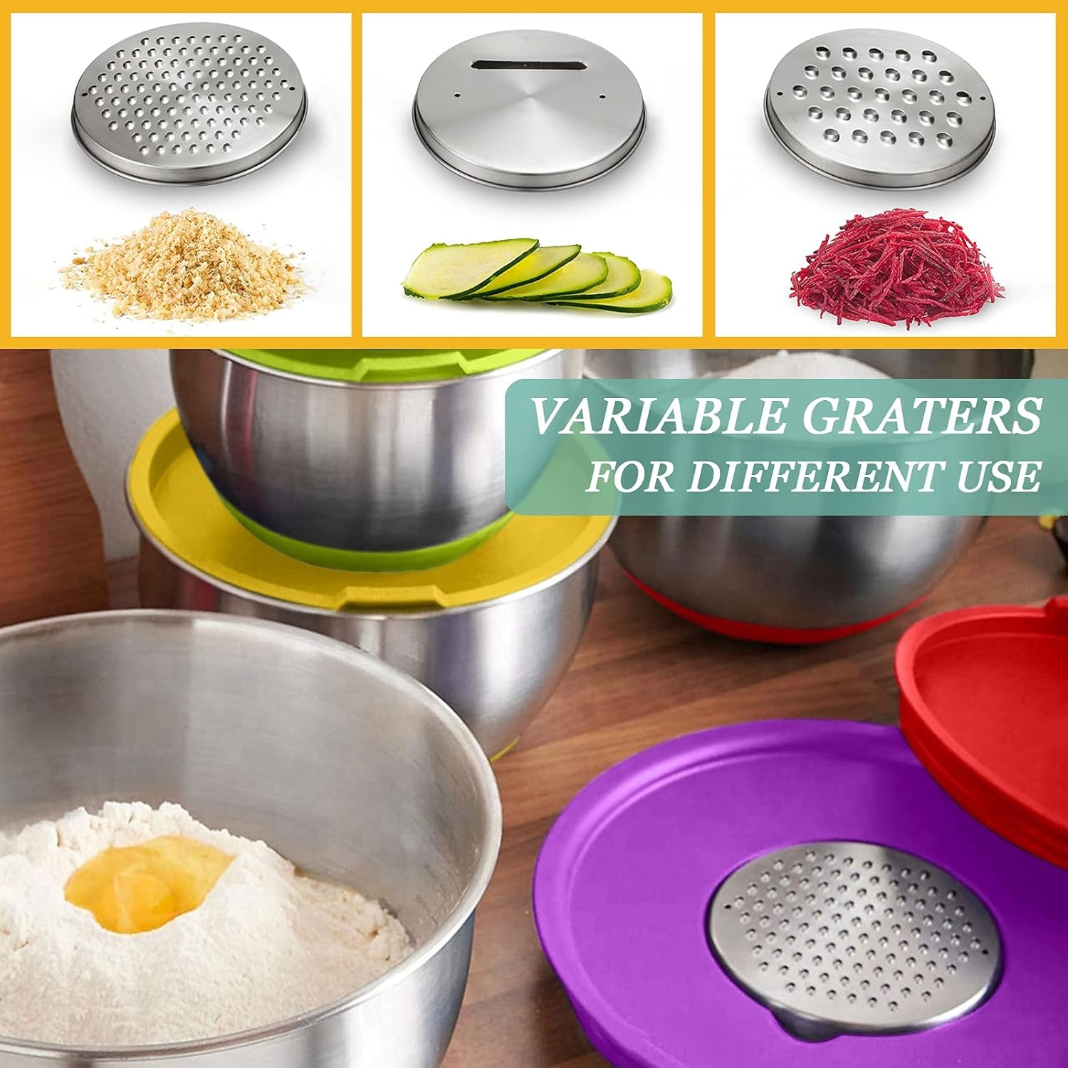 image:imageWildone Mixing Bowls with Airtight Lids 22 PCS Stainless Steel Nesting Bowls with 3 Grater Attachments Scale Marks amp NonSlip Bottom Size 5 4 3 215 063QT Ideal for Mixing amp PreppingMulticolor