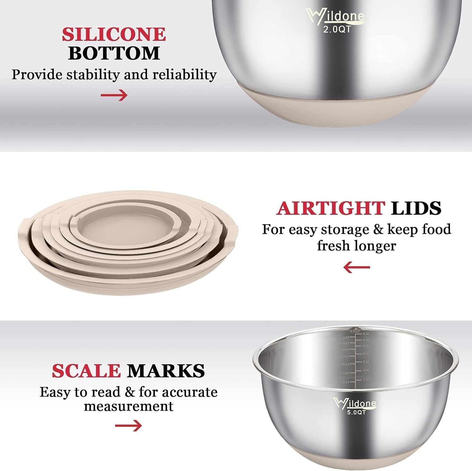 image:imageWildone Mixing Bowls with Airtight Lids 22 PCS Stainless Steel Nesting Bowls with 3 Grater Attachments Scale Marks amp NonSlip Bottom Size 5 4 3 215 063QT Ideal for Mixing amp PreppingKhaki
