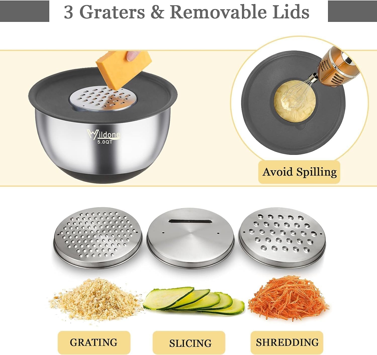 image:imageWildone Mixing Bowls with Airtight Lids 22 PCS Stainless Steel Nesting Bowls with 3 Grater Attachments Scale Marks amp NonSlip Bottom Size 5 4 3 215 063QT Ideal for Mixing amp PreppingGray