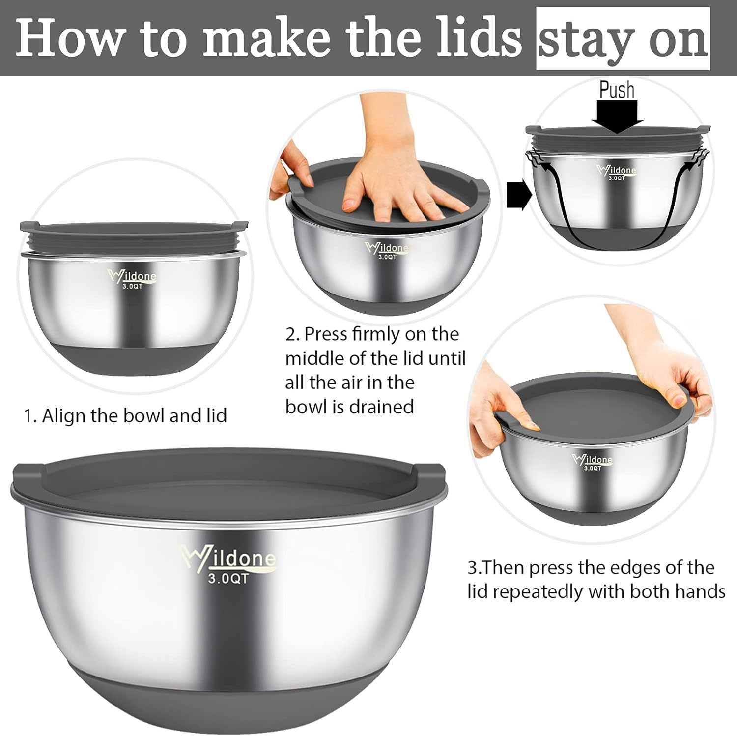 image:imageWildone Mixing Bowls with Airtight Lids 22 PCS Stainless Steel Nesting Bowls with 3 Grater Attachments Scale Marks amp NonSlip Bottom Size 5 4 3 215 063QT Ideal for Mixing amp PreppingGray