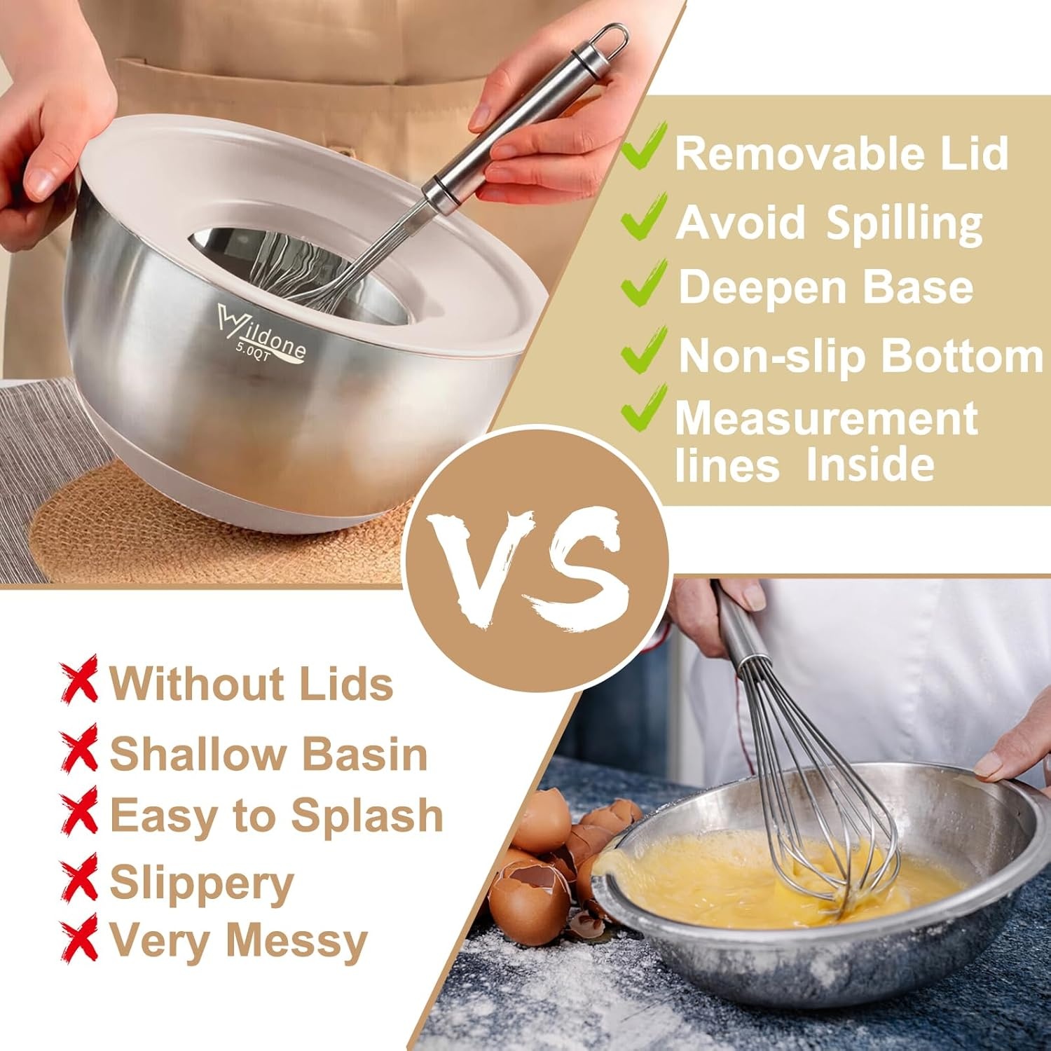 image:imageWildone Mixing Bowls with Airtight Lids 27 PCS Stainless Steel Nesting Bowls with 3 Grater Attachments Scale Mark amp NonSlip Bottom Size 5 4 3 2 15 1 063QT Ideal for Mixing amp PreppingKhaki