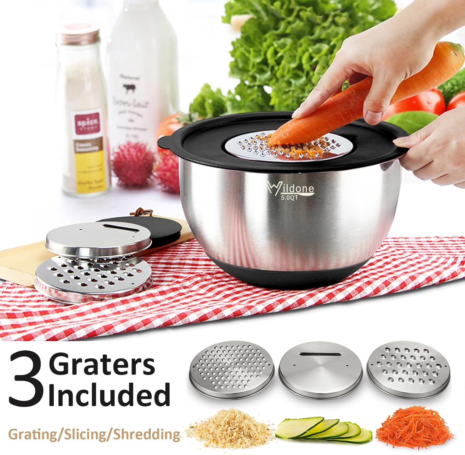image:imageWildone Mixing Bowls with Airtight Lids 27 PCS Stainless Steel Nesting Bowls with 3 Grater Attachments Scale Mark amp NonSlip Bottom Size 5 4 3 2 15 1 063QT Ideal for Mixing amp PreppingBlack