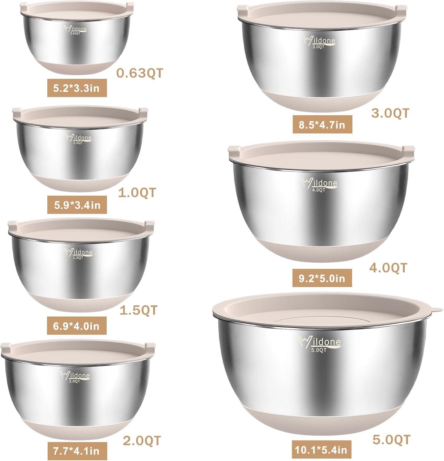 image:imageWildone Mixing Bowls with Airtight Lids 27 PCS Stainless Steel Nesting Bowls with 3 Grater Attachments Scale Mark amp NonSlip Bottom Size 5 4 3 2 15 1 063QT Ideal for Mixing amp PreppingKhaki