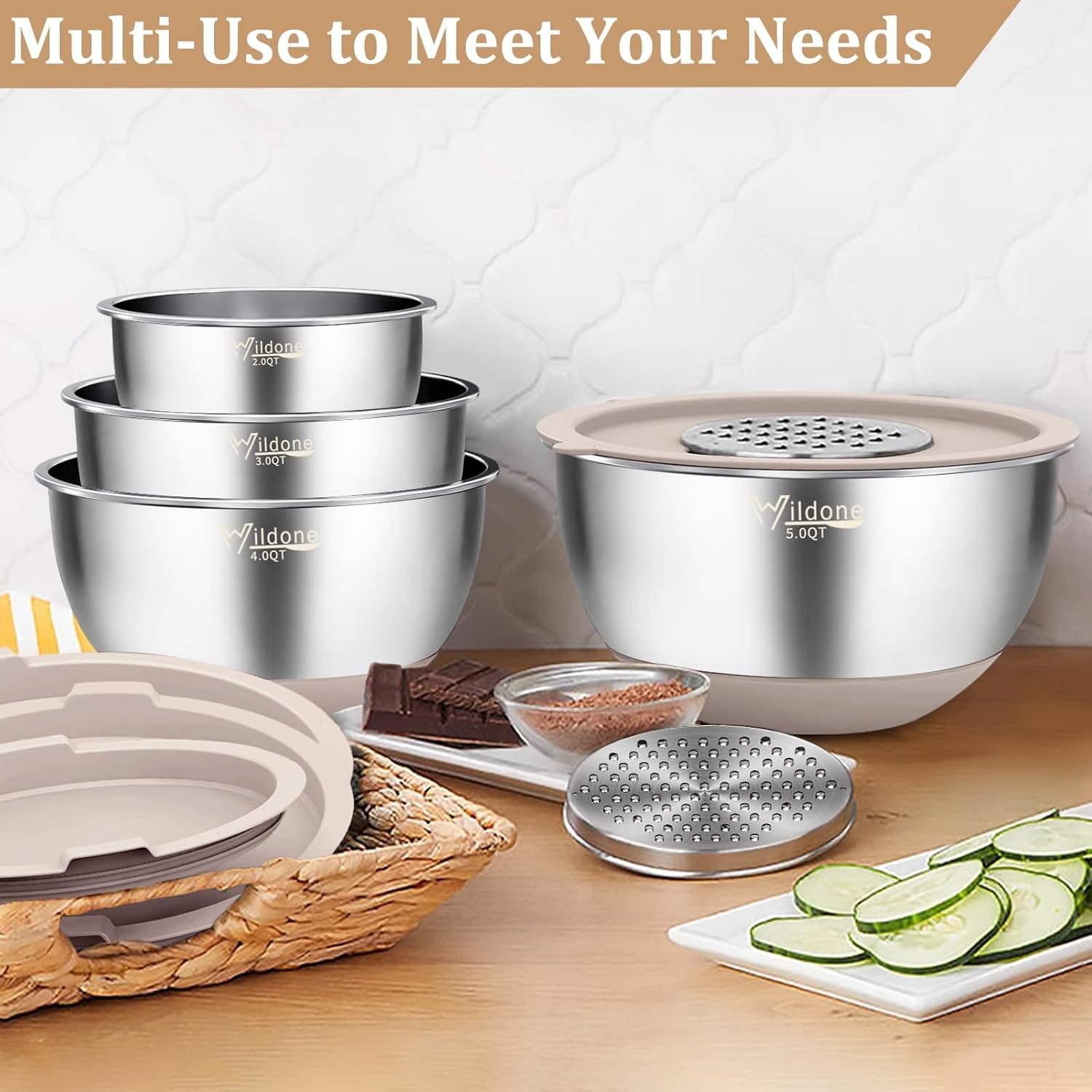 image:imageWildone Mixing Bowls with Airtight Lids 27 PCS Stainless Steel Nesting Bowls with 3 Grater Attachments Scale Mark amp NonSlip Bottom Size 5 4 3 2 15 1 063QT Ideal for Mixing amp PreppingKhaki