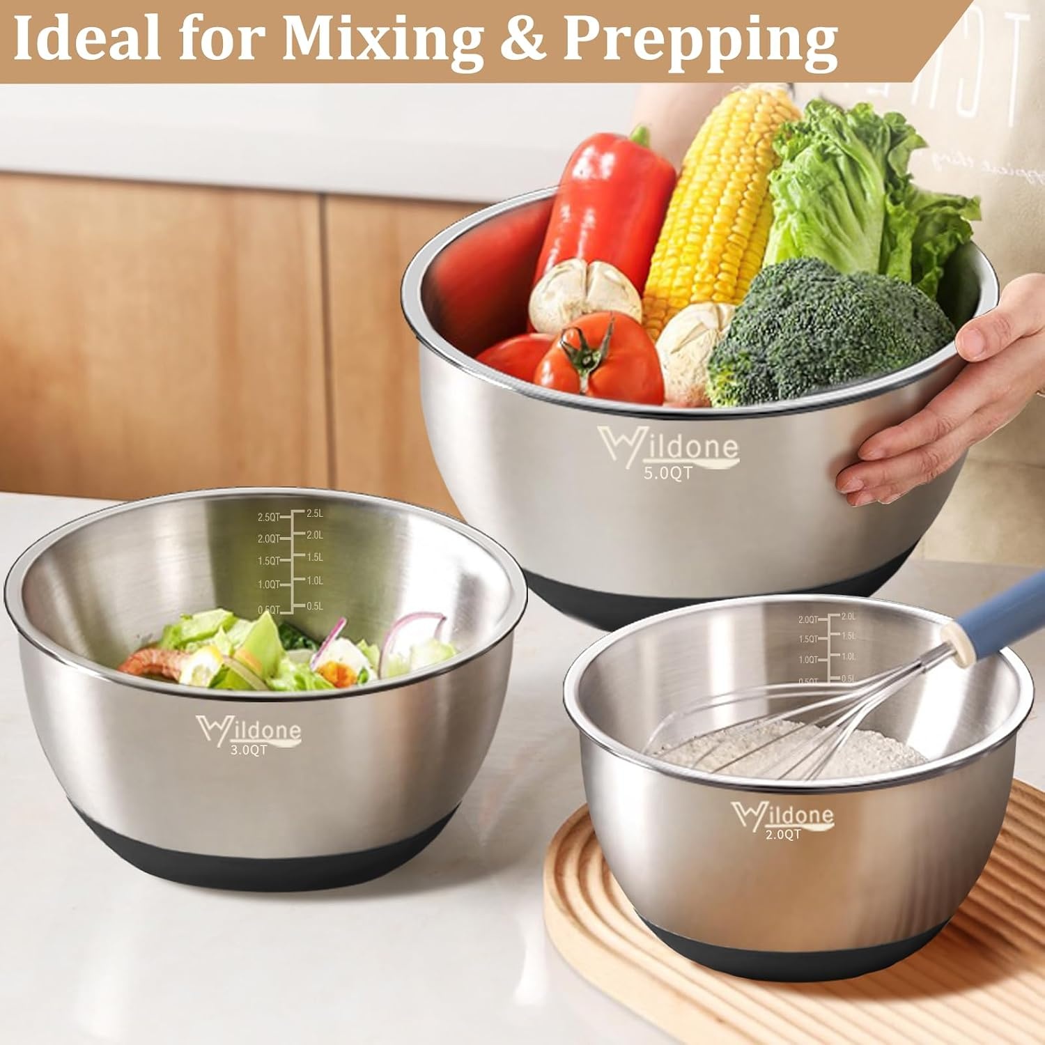 image:imageWildone Mixing Bowls with Airtight Lids 27 PCS Stainless Steel Nesting Bowls with 3 Grater Attachments Scale Mark amp NonSlip Bottom Size 5 4 3 2 15 1 063QT Ideal for Mixing amp PreppingBlack