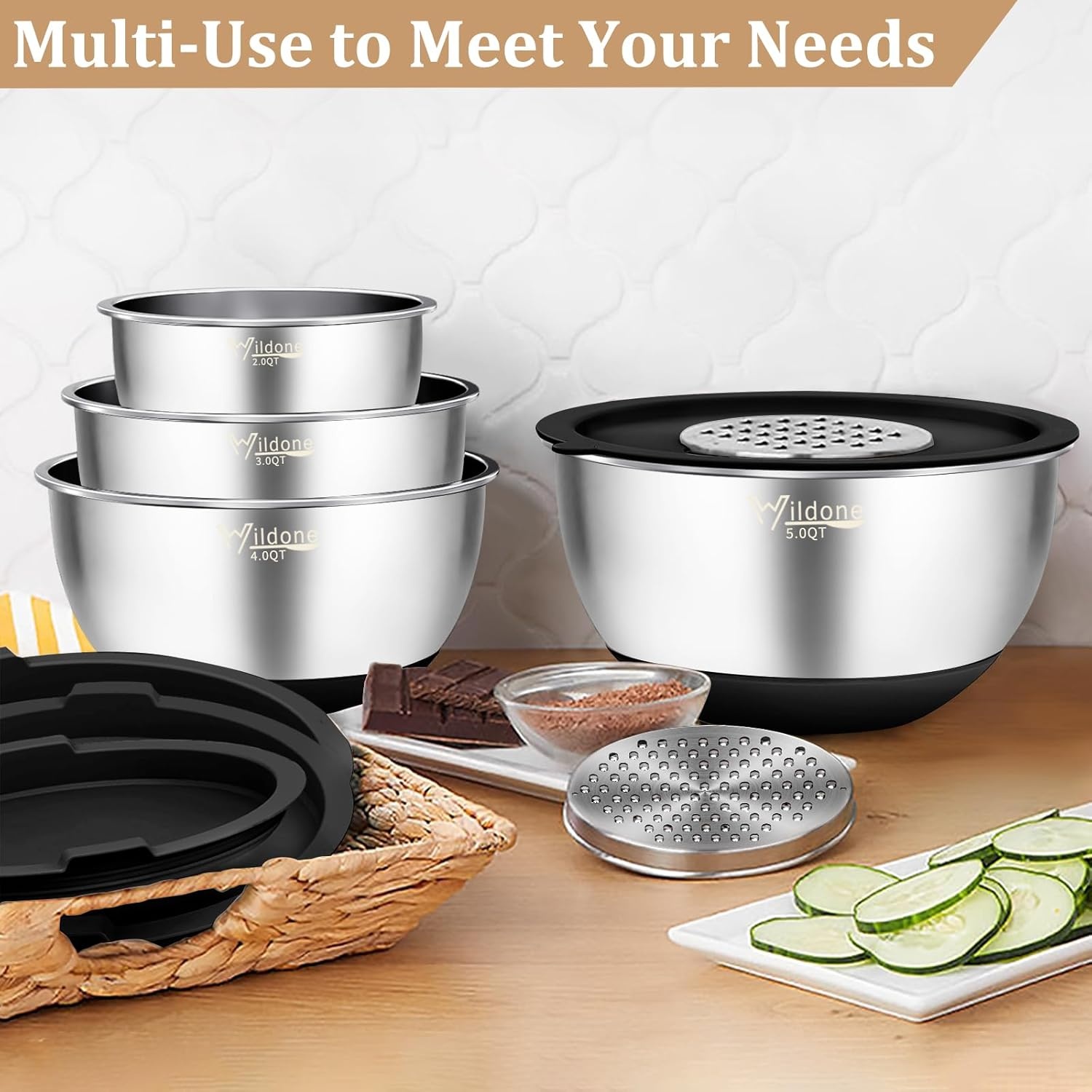 image:imageWildone Mixing Bowls with Airtight Lids 27 PCS Stainless Steel Nesting Bowls with 3 Grater Attachments Scale Mark amp NonSlip Bottom Size 5 4 3 2 15 1 063QT Ideal for Mixing amp PreppingBlack