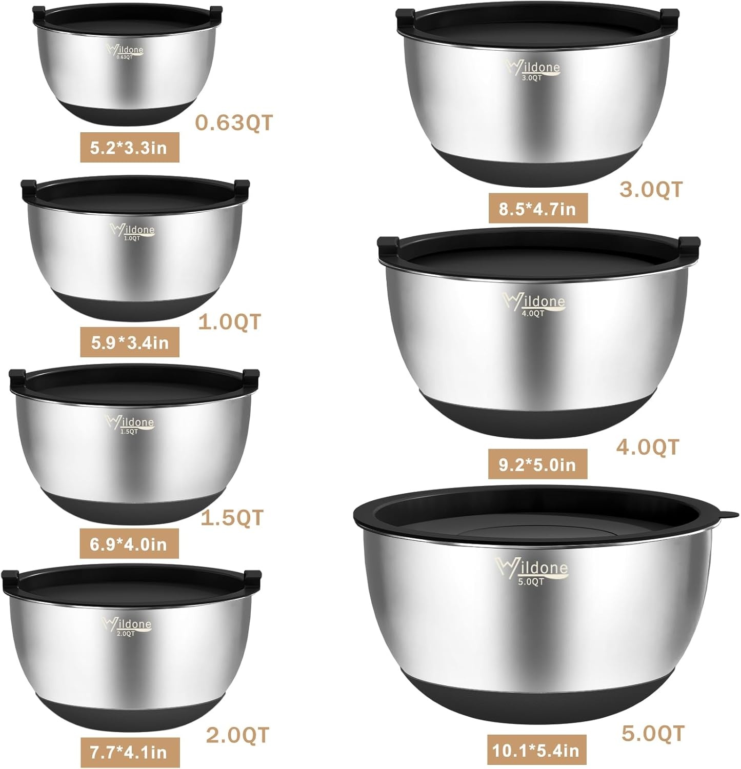 image:imageWildone Mixing Bowls with Airtight Lids 27 PCS Stainless Steel Nesting Bowls with 3 Grater Attachments Scale Mark amp NonSlip Bottom Size 5 4 3 2 15 1 063QT Ideal for Mixing amp PreppingBlack