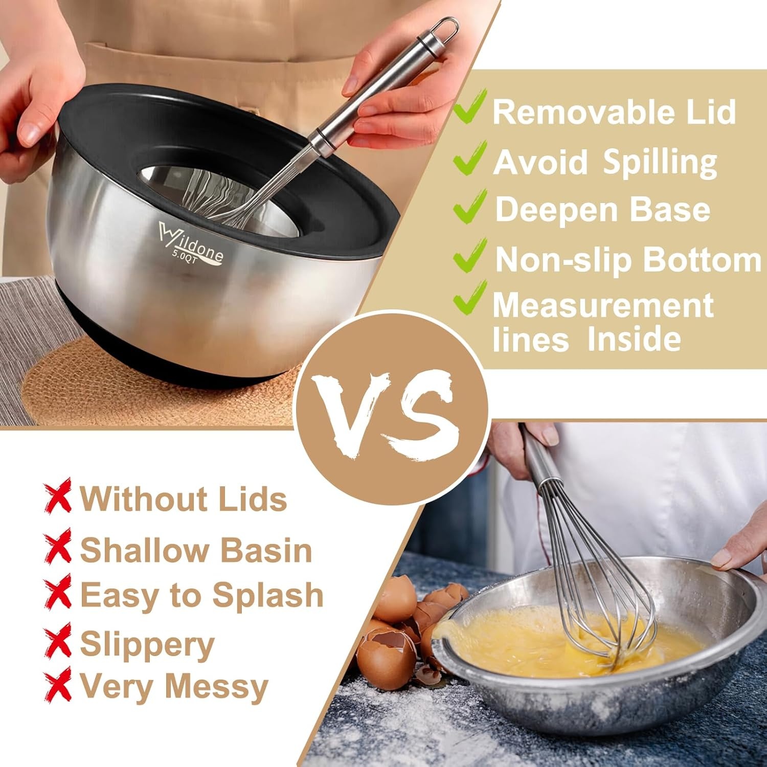 image:imageWildone Mixing Bowls with Airtight Lids 27 PCS Stainless Steel Nesting Bowls with 3 Grater Attachments Scale Mark amp NonSlip Bottom Size 5 4 3 2 15 1 063QT Ideal for Mixing amp PreppingBlack