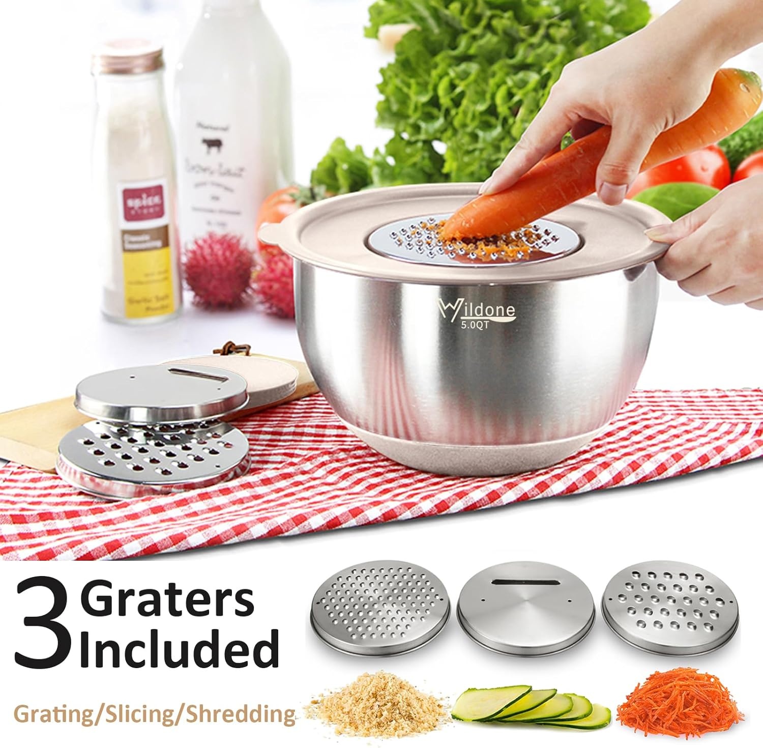 image:imageWildone Mixing Bowls with Airtight Lids 27 PCS Stainless Steel Nesting Bowls with 3 Grater Attachments Scale Mark amp NonSlip Bottom Size 5 4 3 2 15 1 063QT Ideal for Mixing amp PreppingKhaki