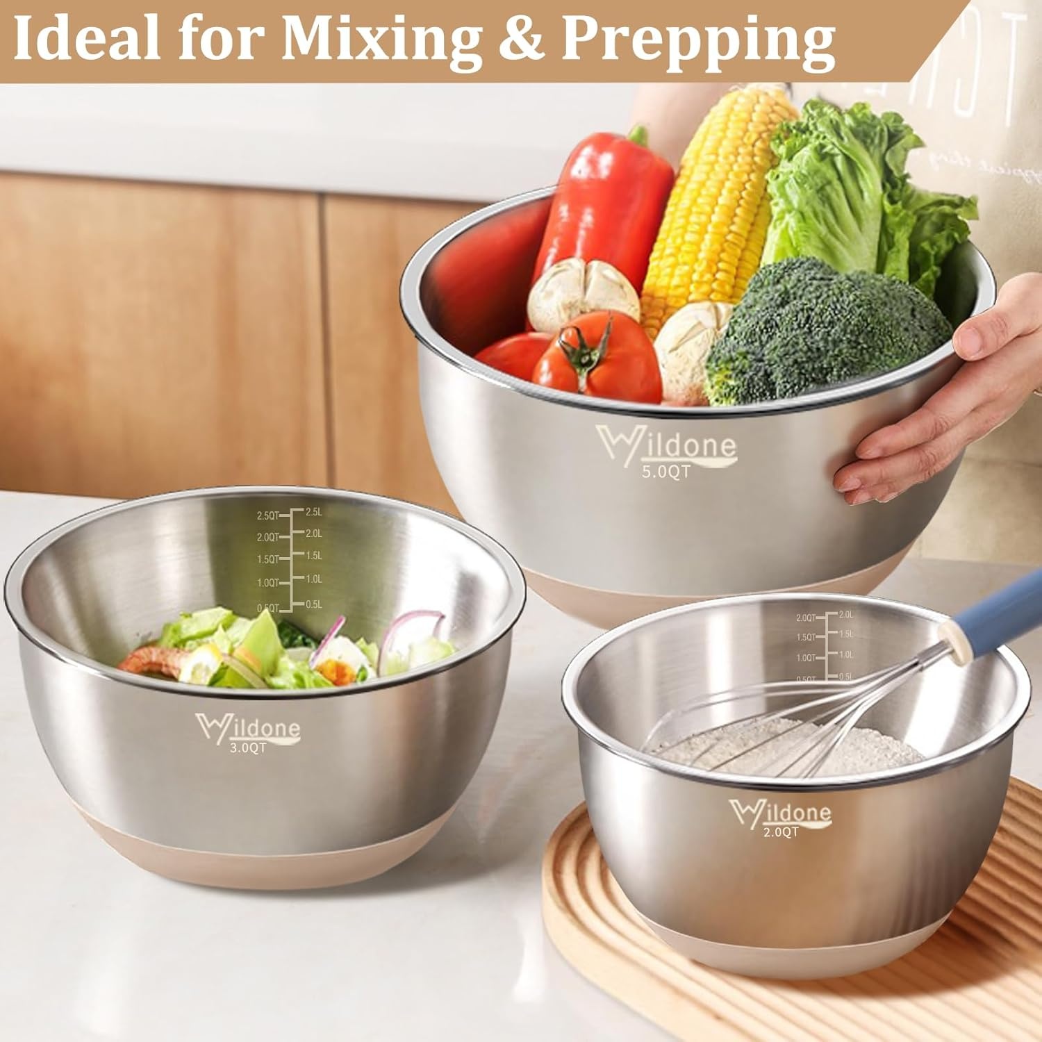 image:imageWildone Mixing Bowls with Airtight Lids 27 PCS Stainless Steel Nesting Bowls with 3 Grater Attachments Scale Mark amp NonSlip Bottom Size 5 4 3 2 15 1 063QT Ideal for Mixing amp PreppingKhaki