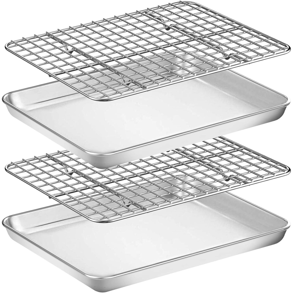 image:imageBaking Sheet with Rack Set 2 Pans 2 Racks Wildone Stainless Steel Cookie Sheet Baking Pan Tray with Cooling Rack Size 9 x 7 x 1 Inch Non Toxic amp Heavy Duty amp Easy Clean10 x 8 x 1 inch