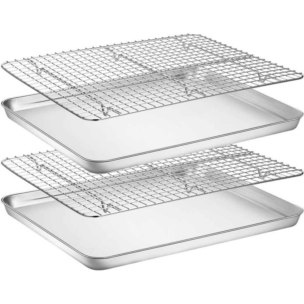 image:imageBaking Sheet with Rack Set 2 Pans 2 Racks Wildone Stainless Steel Cookie Sheet Baking Pan Tray with Cooling Rack Size 9 x 7 x 1 Inch Non Toxic amp Heavy Duty amp Easy Clean18 x 13 x 1 inch