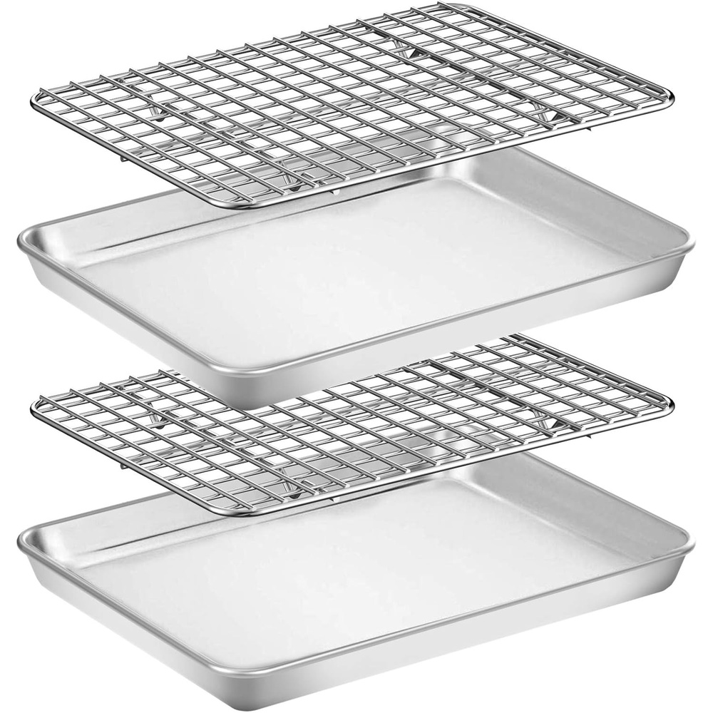image:imageBaking Sheet with Rack Set 2 Pans 2 Racks Wildone Stainless Steel Cookie Sheet Baking Pan Tray with Cooling Rack Size 9 x 7 x 1 Inch Non Toxic amp Heavy Duty amp Easy Clean9 x 7 x 1 inch