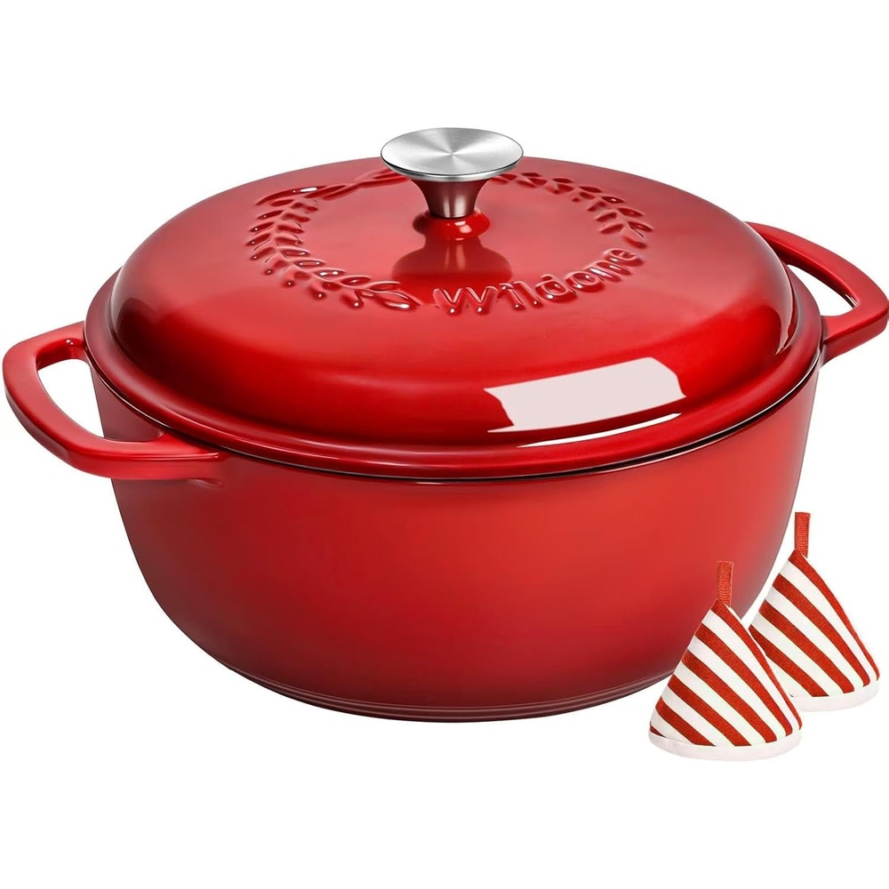 image:imageEnameled Cast Iron Dutch Oven Pot with Lid Wildone 6QT Dutch Oven for Bread Baking Braising Stews Roasting Across All Cooktops Oven Safe up to 500 F Cream WhiteRed