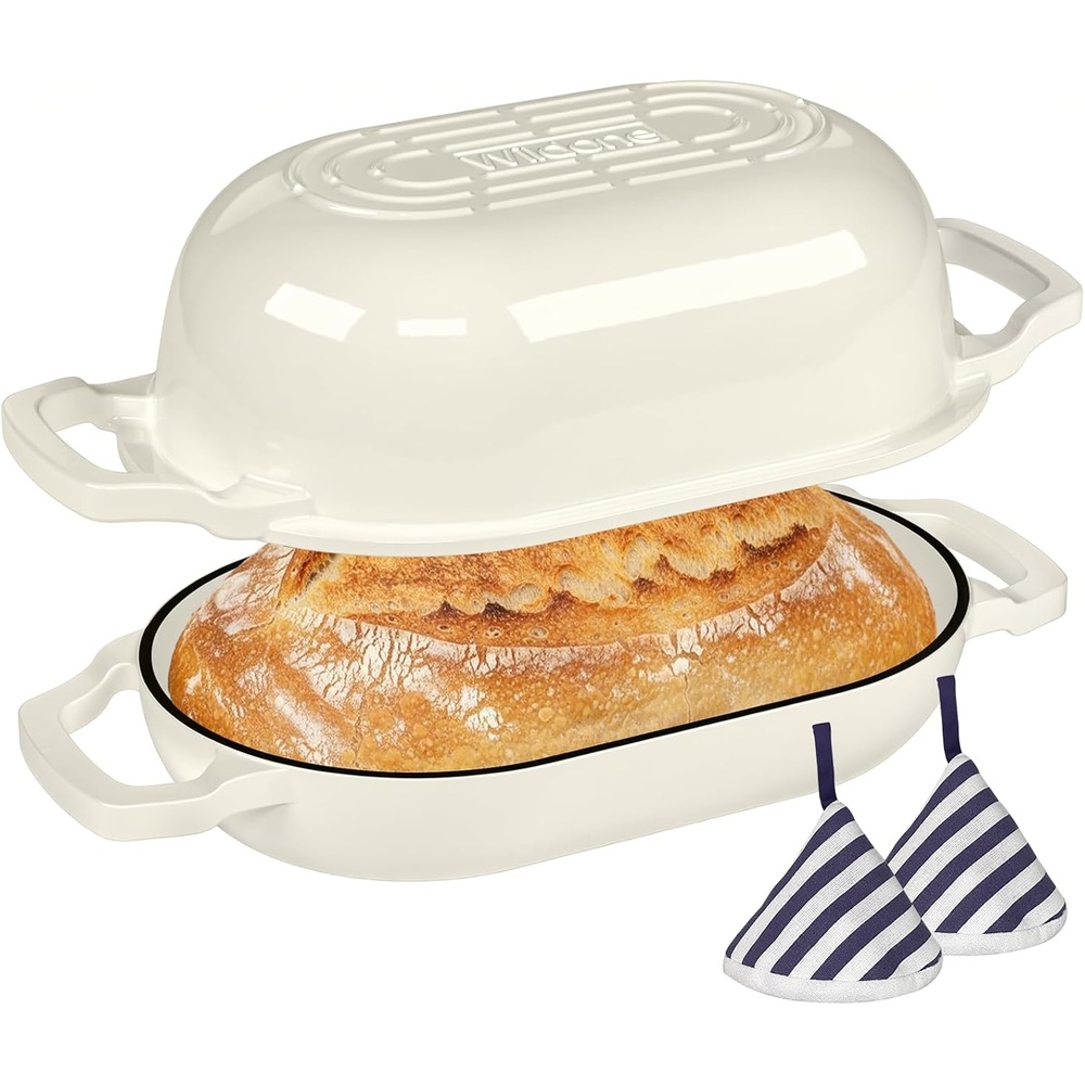 image:imageEnameled Cast Iron Dutch Oven Pot with Lid Wildone 55QT Bread Oven for Homemade Sourdough Bread Baking with Cotton Potholders Oven Safe up to 500F BlueCream White