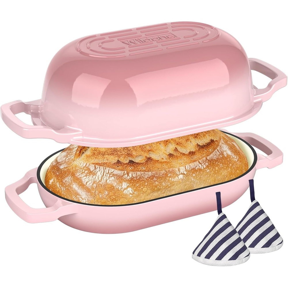 image:imageEnameled Cast Iron Dutch Oven Pot with Lid Wildone 55QT Bread Oven for Homemade Sourdough Bread Baking with Cotton Potholders Oven Safe up to 500F BluePink